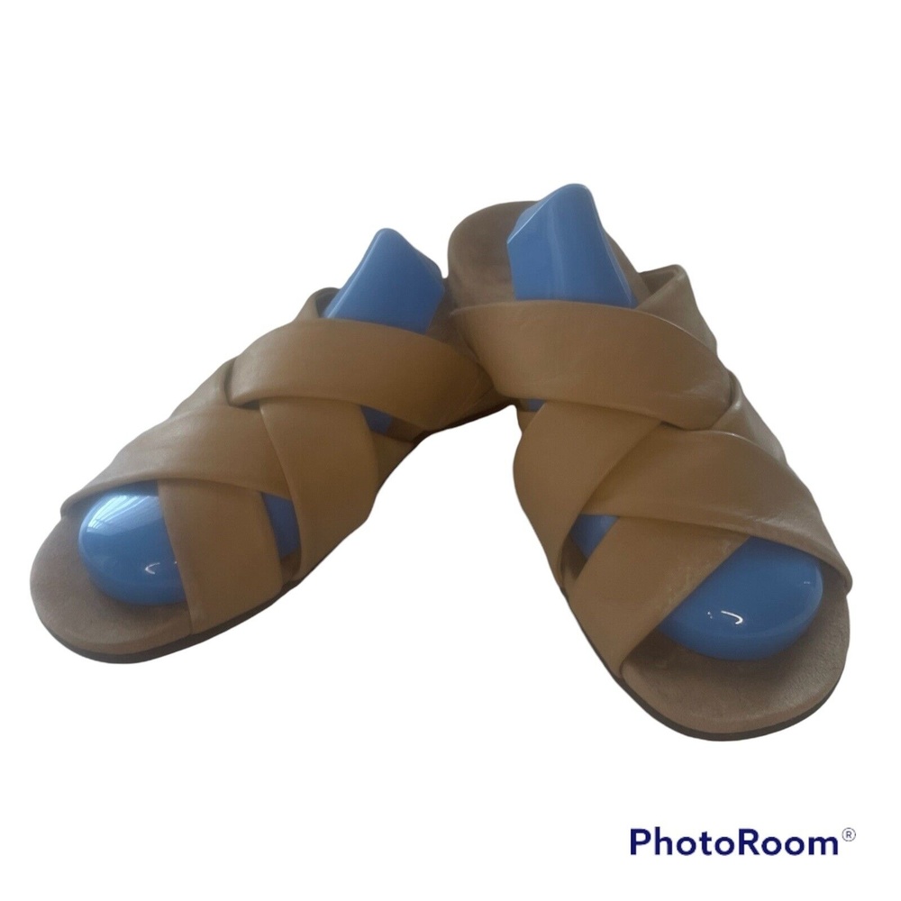 Vionic Orthaheel Juno Comfort Slide Sandals Womens 8 Beige Criss - Cross Weave